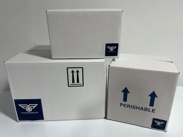 Three boxes with a blue and white logo on them